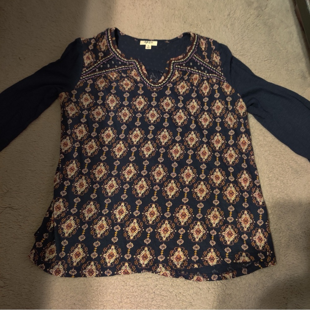 Style & Co Asymmetric Hem Medallion Tunic Blouse Notch Neck Embroidered Size M